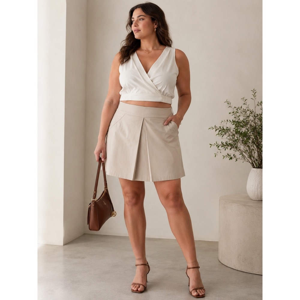 Michael Kors Khaki Beige Cotton Blend Pleated A-Line Skirt Size 14 MK Logo Zip